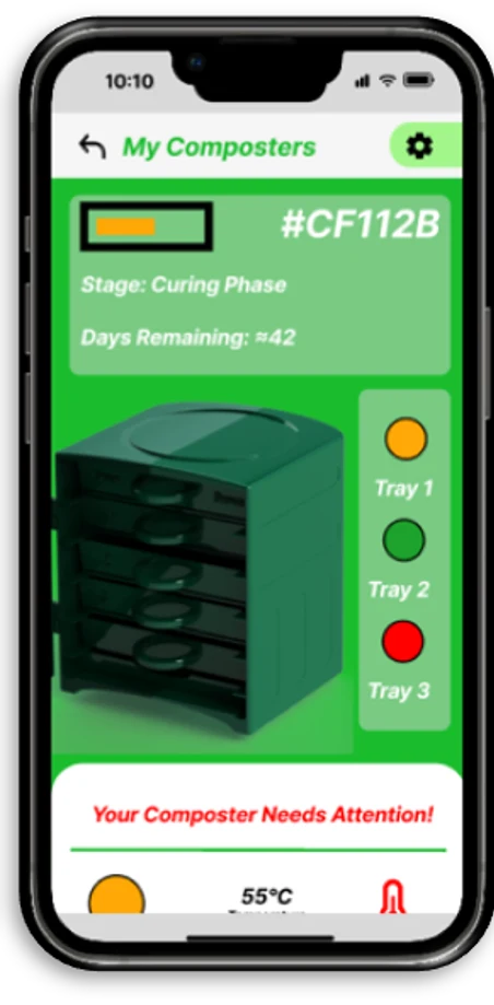 CF-Connect app: My Composters screen for composter #CF112B showing curing phase, about 42 days remaining, tray status lights and an attention alert