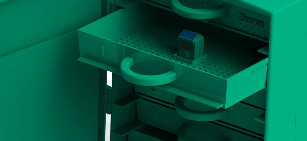 Close-up render of the Compo-Sense probe sitting in a pulled-out sieve tray