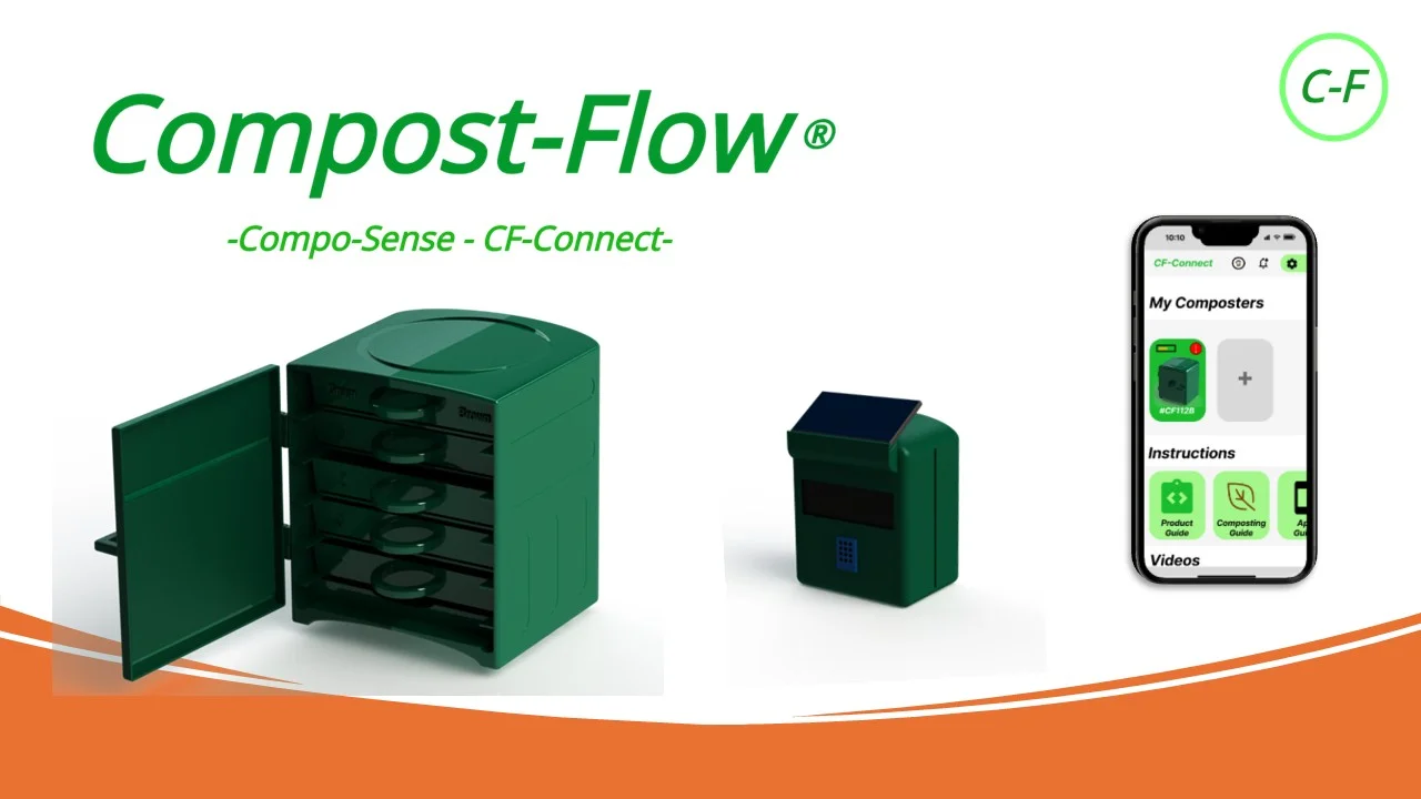 Compost-Flow system overview: the sieve-tray unit, the Compo-Sense probe and the CF-Connect app