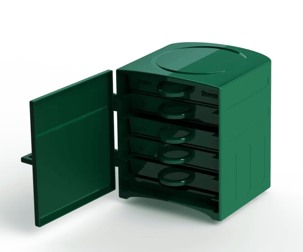 Compost-Flow unit in bottle green with its door open, showing the stacked sieve trays inside